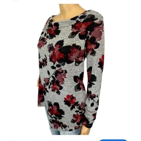 Simply Vera Vera Wang Top Size XL Gray Floral V-Neck Asymmetrical Long Sleeve - Picture 2 of 10